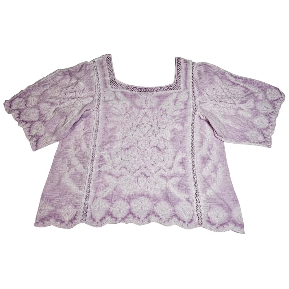 Democracy Boho Pastel Purple Cotton Embroidered Flutter Sleeve Top L Coastal